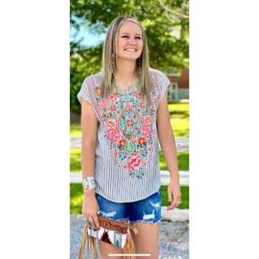 New Savanna Jane The Santa Maria Striped Embroidered V Neck Top